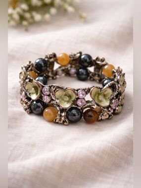 Eclectic Floral Stretch Bracelet Mixed Metal Beaded Bohemian Jewelry